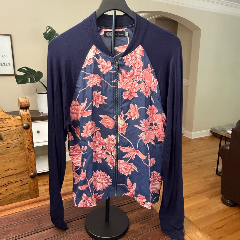 JET John Eshaya Navy Pink Floral Bomber Jacket Womens P/S Mixed Media Full Zip